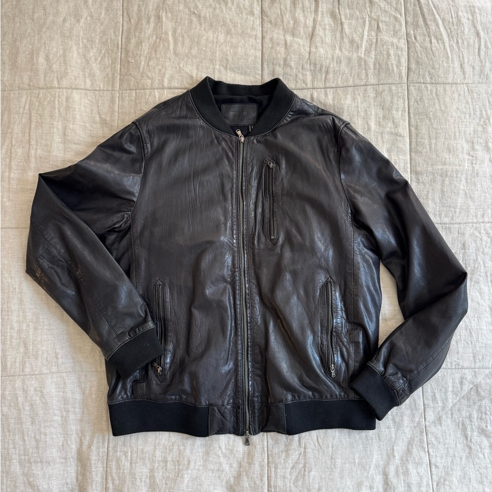 Black Leather Bomber Jacket with Ribbed Details